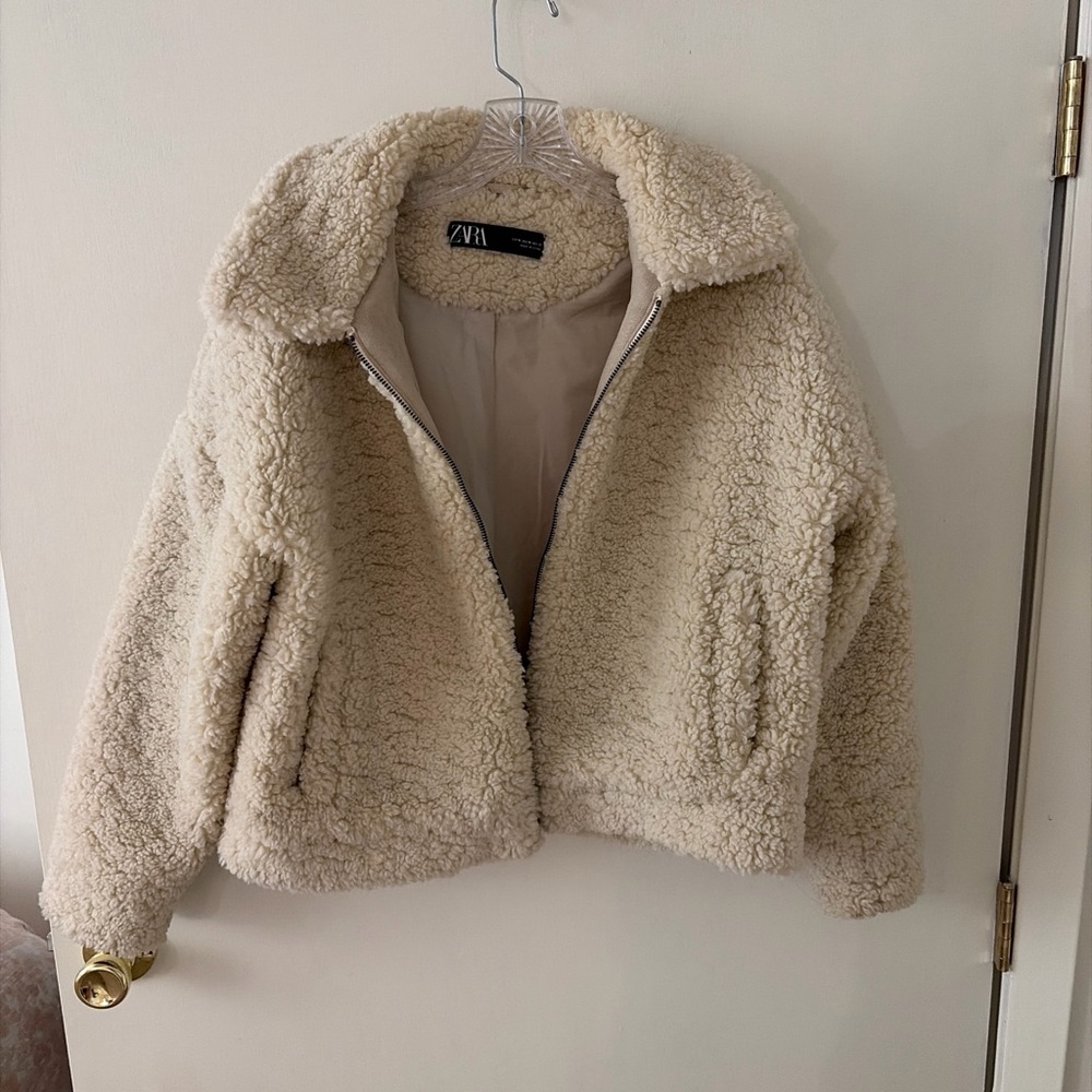 Zara Cream Teddy Sherpa Zip Jacket